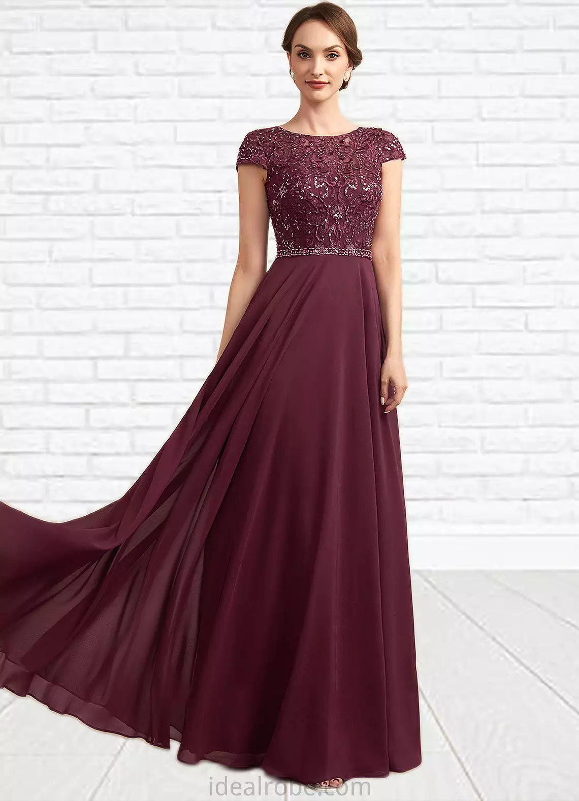 Sibyl A-Line Scoop Neck Floor-Length Chiffon Lace Mother of the Bride Dress With Beading Sequins STK126P0014863