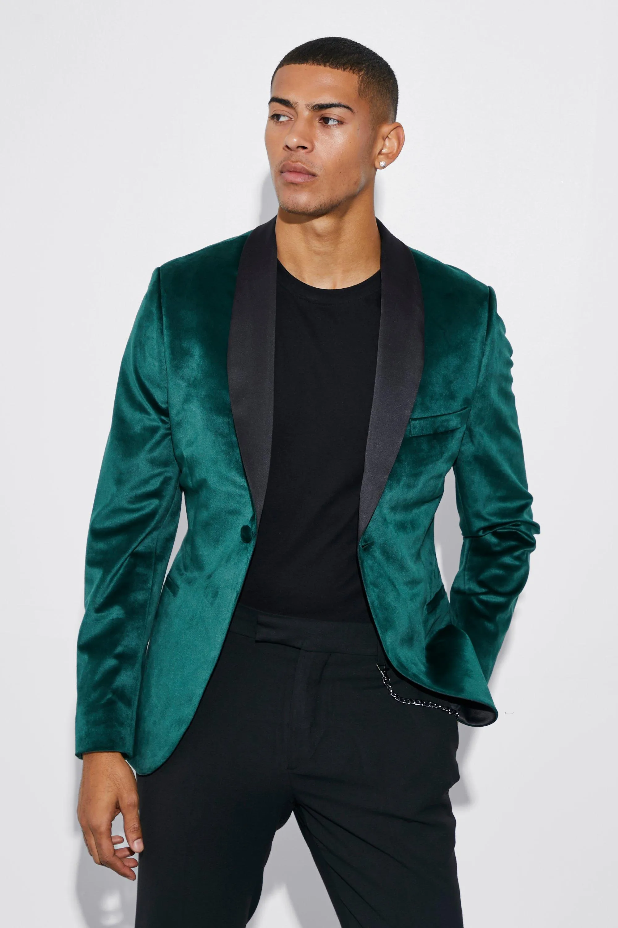 Skinny Velour Satin Shawl Lapel Blazer