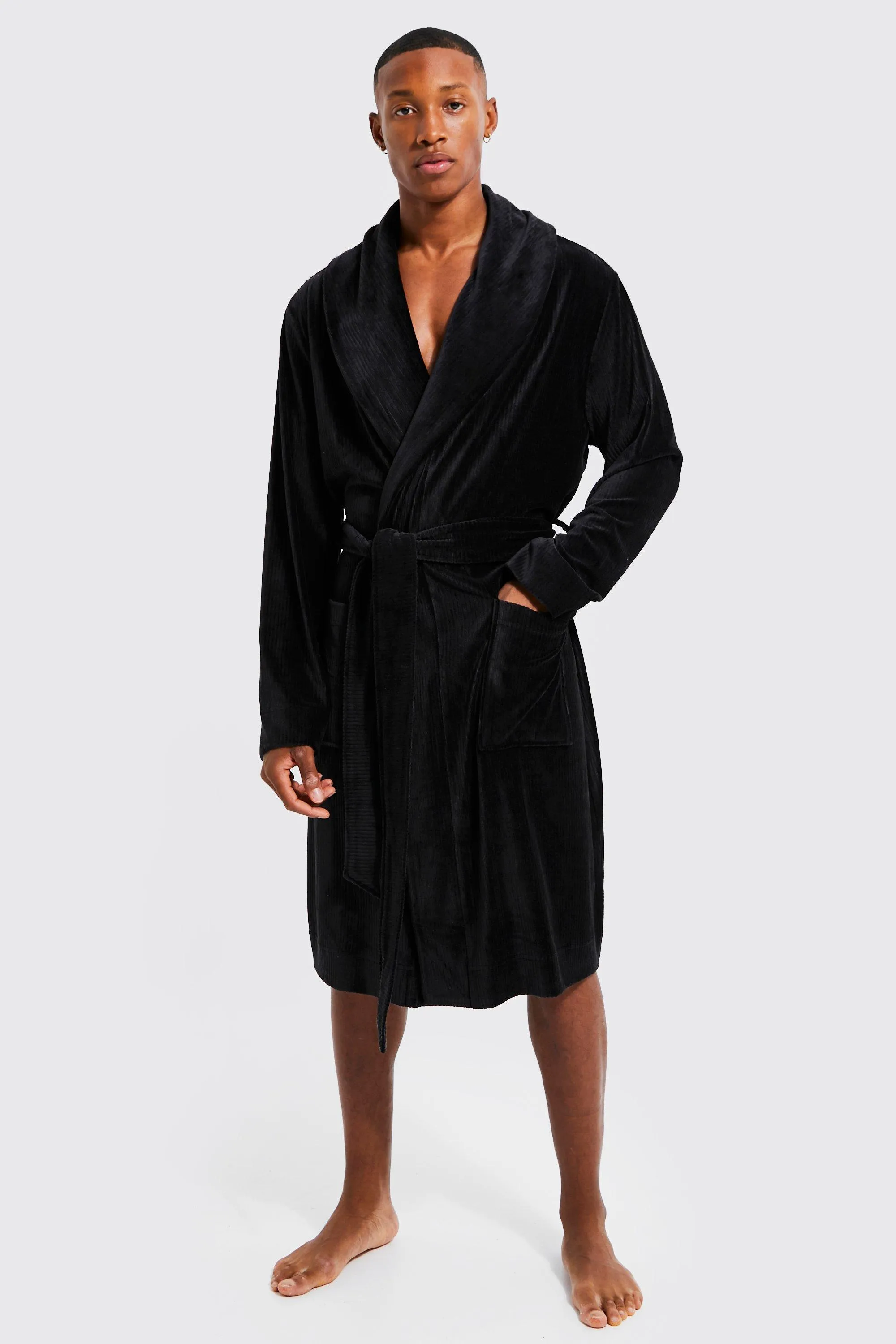 Soft Stripe Fleece Shawl Collar Dressing Gown