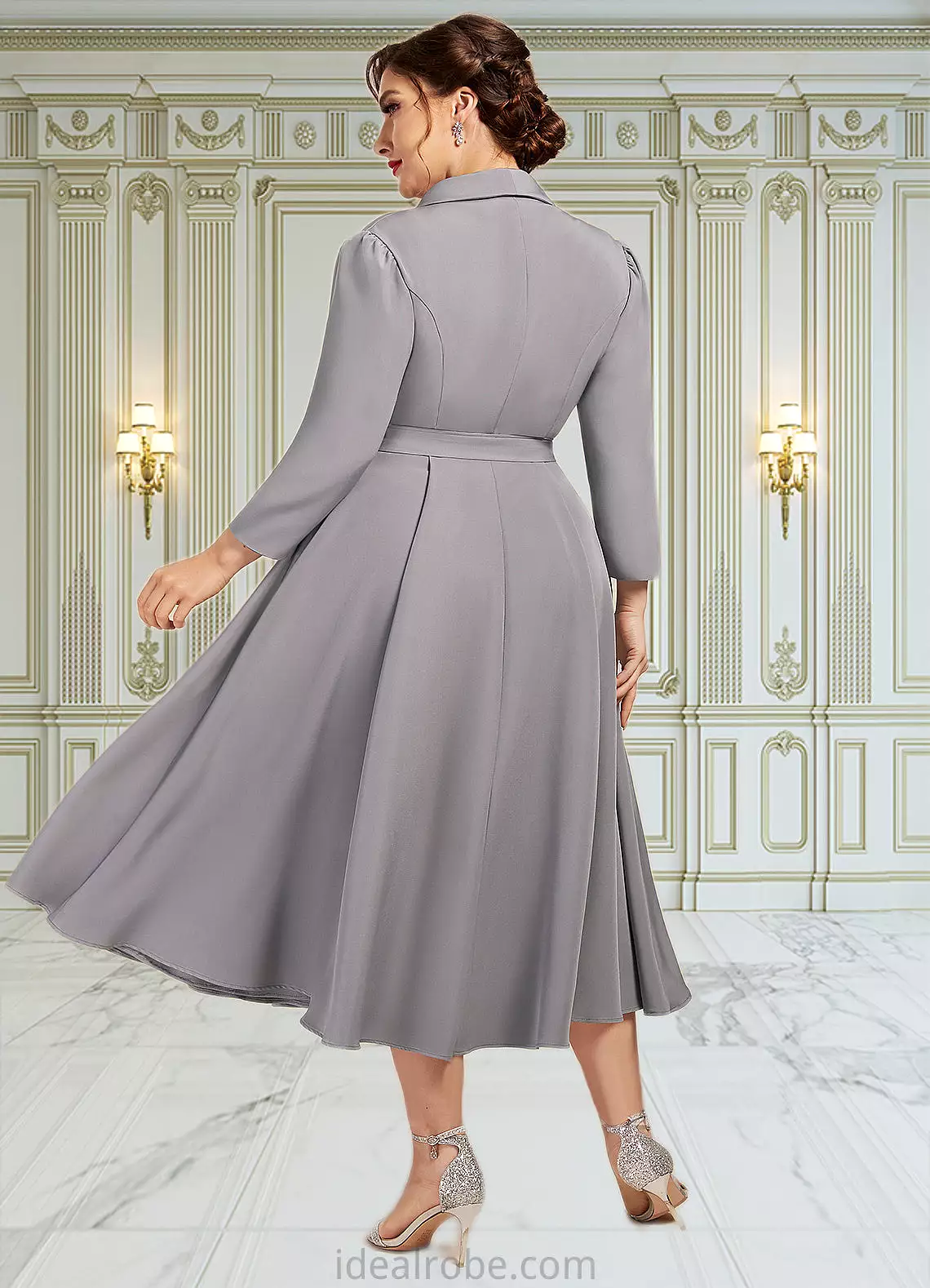 Taryn A-Line V-neck Tea-Length Stretch Crepe Mother of the Bride Dress STK126P0014844