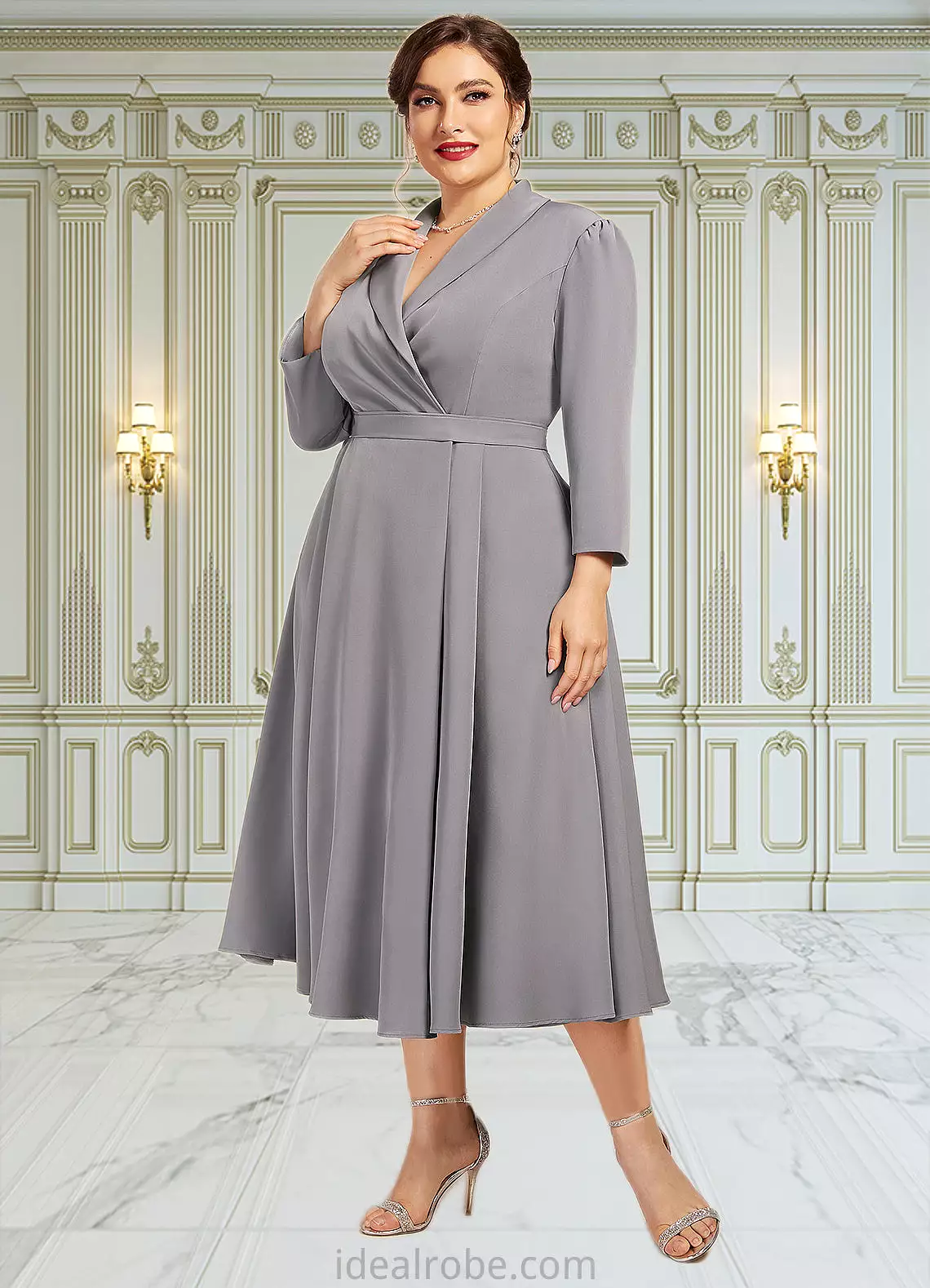 Taryn A-Line V-neck Tea-Length Stretch Crepe Mother of the Bride Dress STK126P0014844