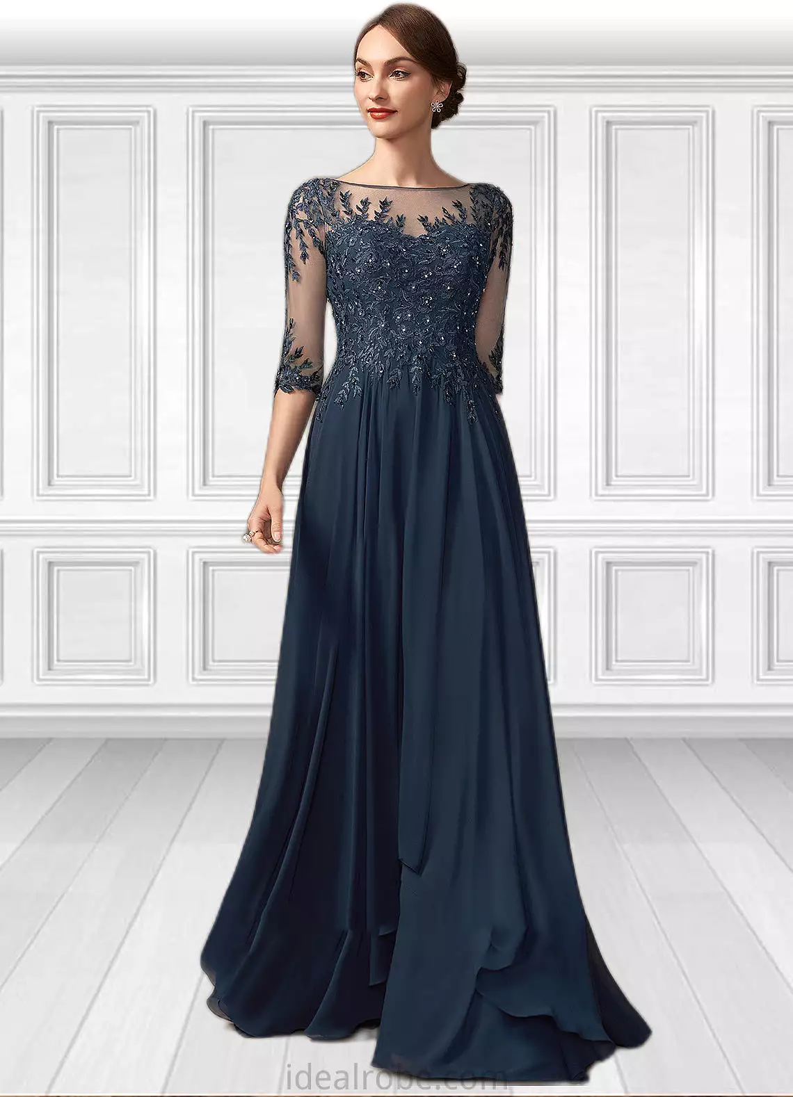 Uerica A-Line Scoop Neck Floor-Length Chiffon Lace Mother of the Bride Dress With Beading Sequins STK126P0014795