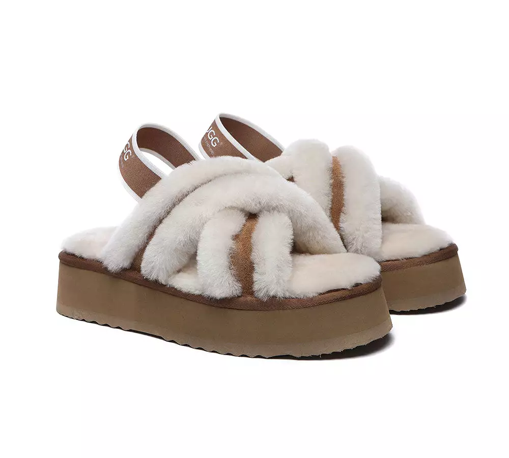 UGG Australian Shepherd Ugg Women High Platform Cross-Over Fluffy Slides Aditi