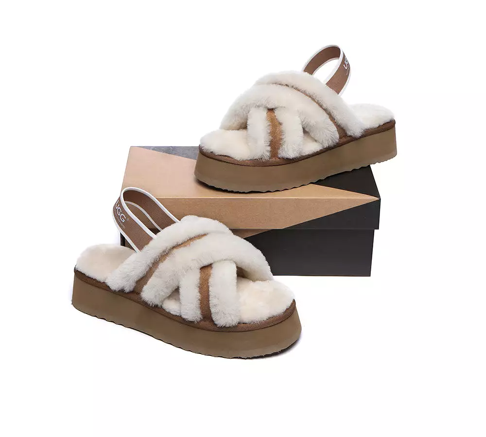 UGG Australian Shepherd Ugg Women High Platform Cross-Over Fluffy Slides Aditi