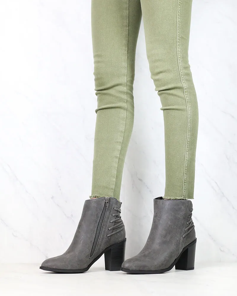 Very Volatile - Lacey Lace Up Back Booties in Charcoal