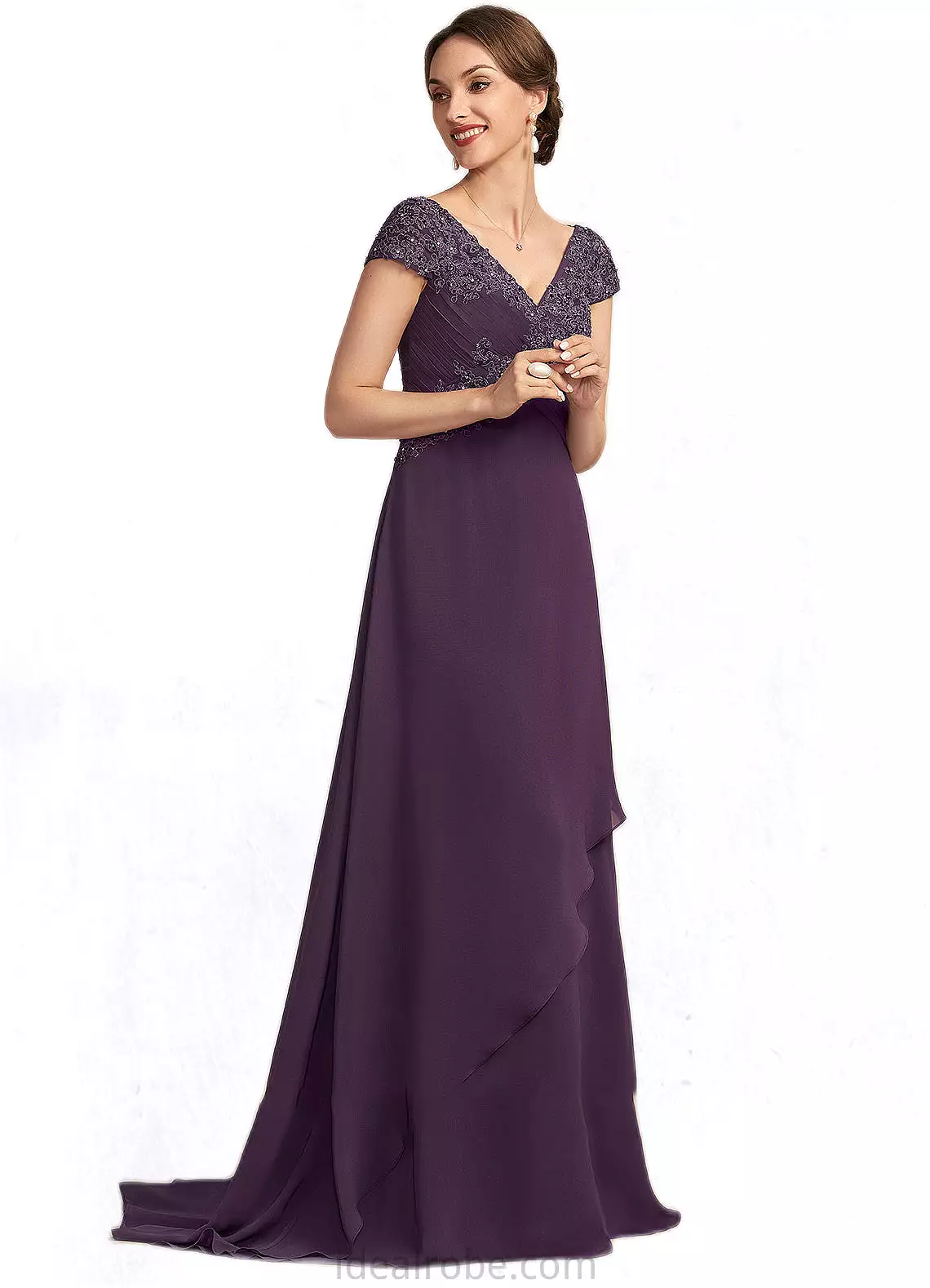 Vicky A-Line V-neck Sweep Train Chiffon Lace Mother of the Bride Dress With Ruffle Beading STK126P0014824