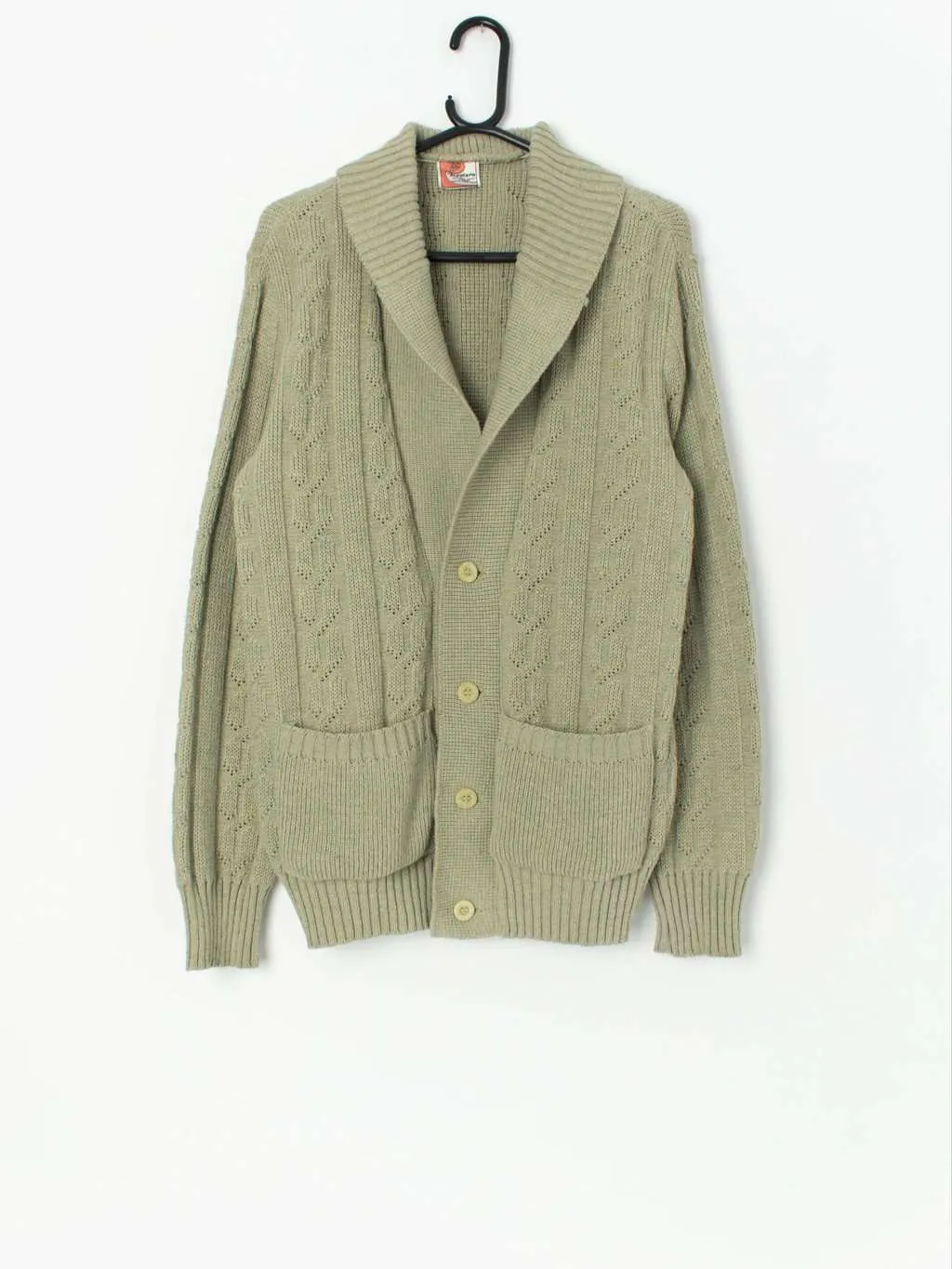 Vintage men’s pastel green knitted wool cardigan – Medium