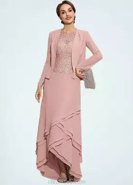 Virginia A-Line Scoop Neck Asymmetrical Chiffon Lace Mother of the Bride Dress With Cascading Ruffles STK126P0014845