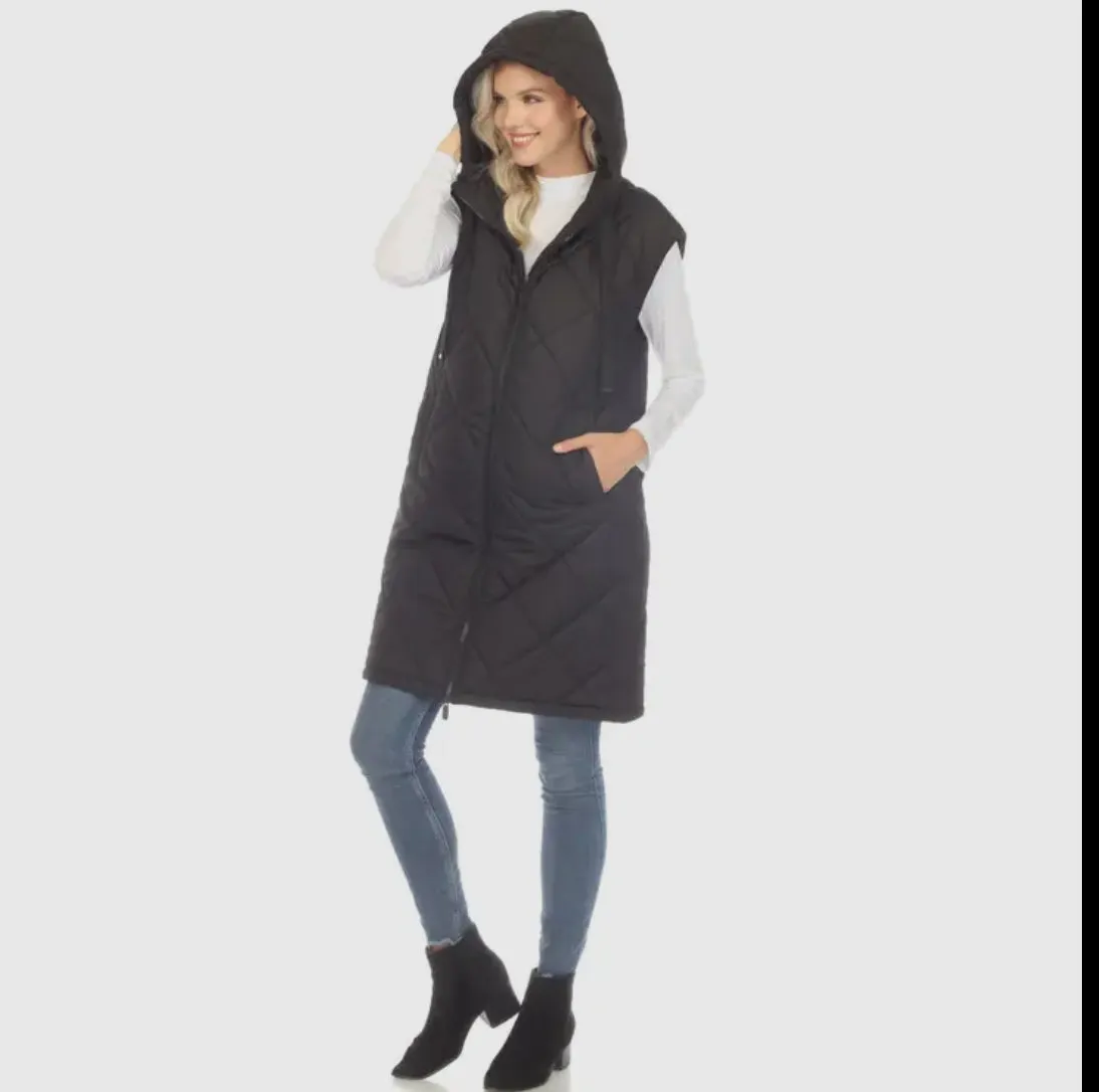 White Mark Knee Length Puffer Vest with Hood