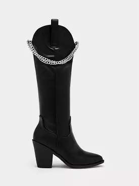 Women Chain Decor Point Toe Chunky Heeled Fashion Boots, Fashion Black Classic Boots