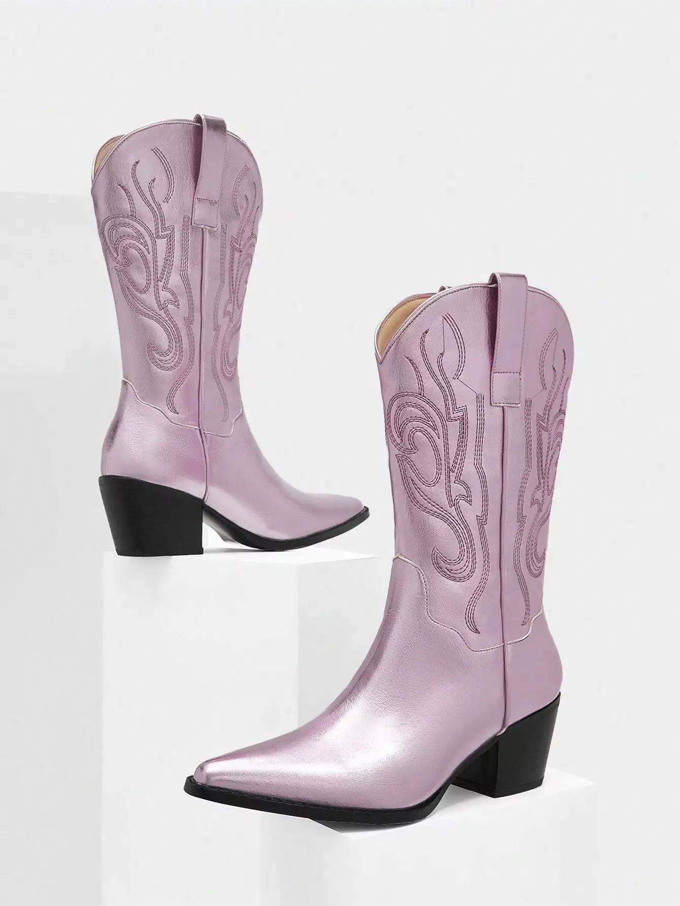 Women Metallic Pink Stitch Detail Western Boots, Glamorous Outdoor Fashion Boots