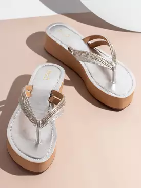 Women Silver Strappy Embellished Open Toe Comfort Sandals