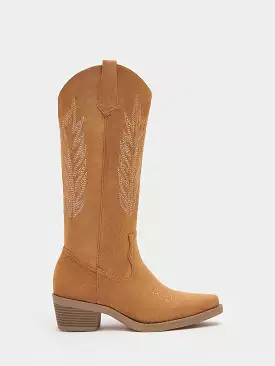 Women Stitched Detail Chunky Heeled Western Boots, Vacation Faux Suede Boots