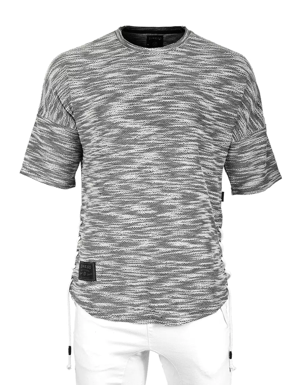 Zimego Men's Wide Shoulder Short Sleeve Laced Up Round Bottom T-Shirt