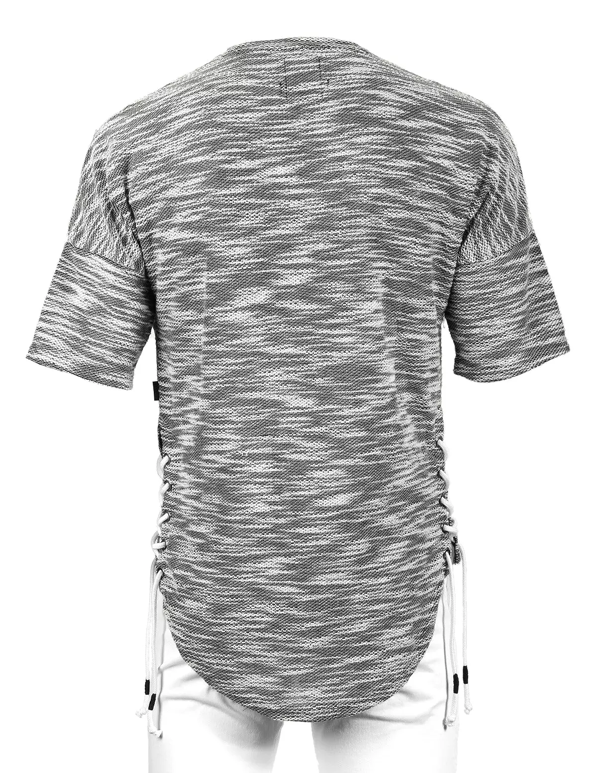 Zimego Men's Wide Shoulder Short Sleeve Laced Up Round Bottom T-Shirt