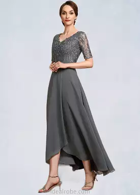 Zoie A-Line V-neck Asymmetrical Chiffon Lace Mother of the Bride Dress STK126P0014772