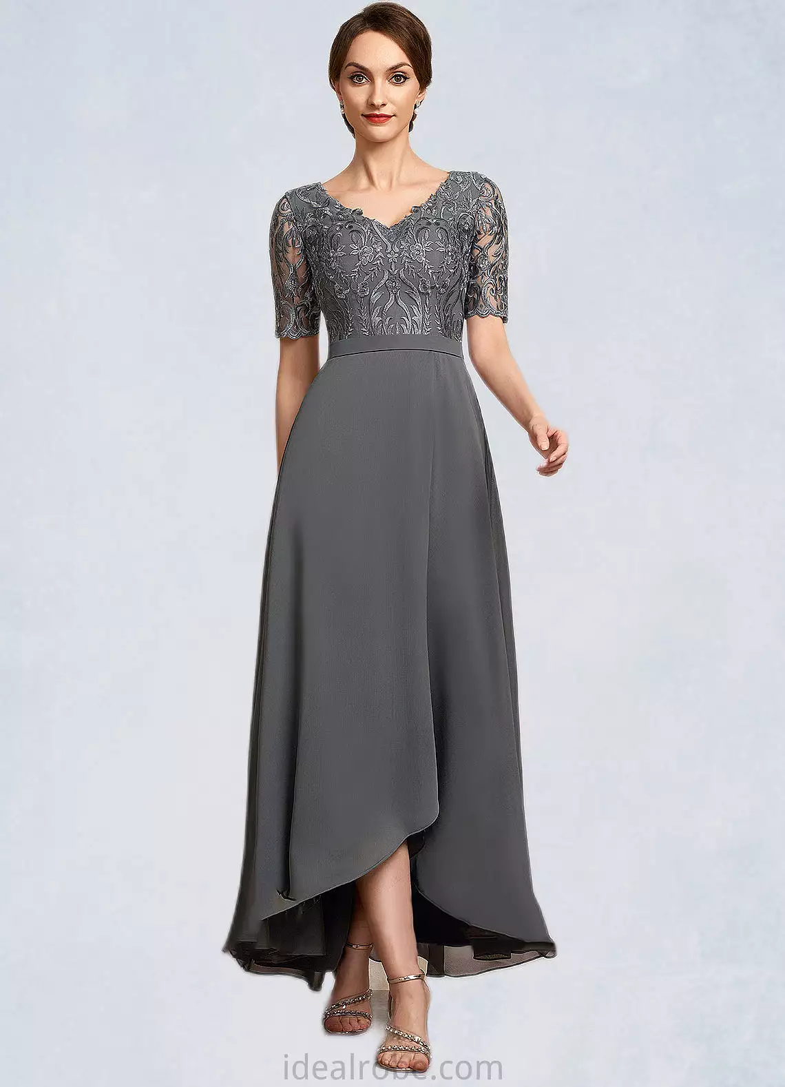 Zoie A-Line V-neck Asymmetrical Chiffon Lace Mother of the Bride Dress STK126P0014772